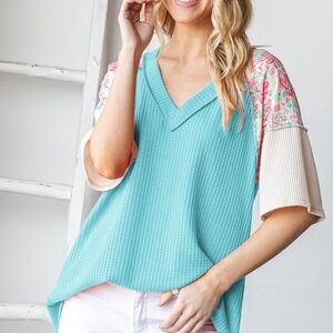 HEIMISH USA Turquoise V-Neck Top with Floral Sleeves